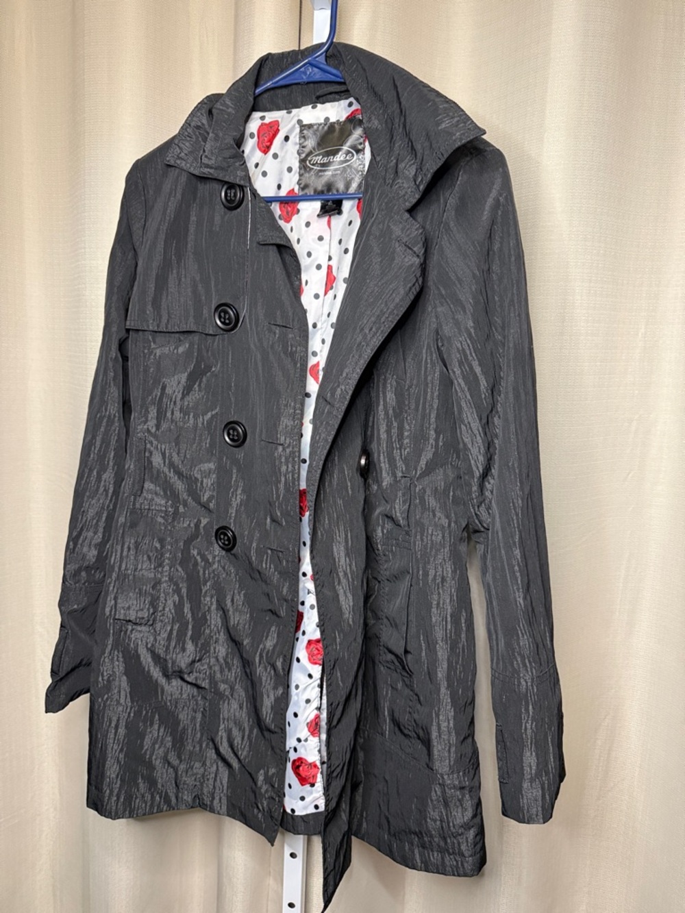 mandee Black Trench Coat with Red Rose and Polka Dot Lining